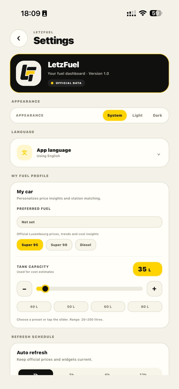 Personal profile — Fuel, tank size, language and refresh schedule