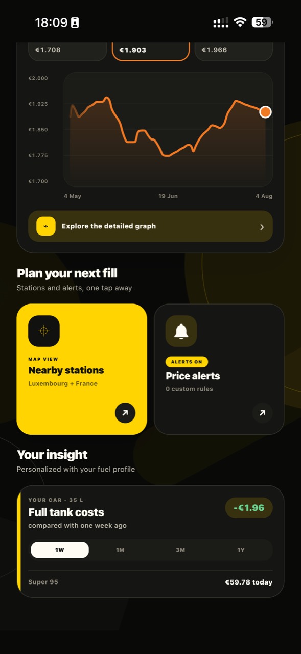 LetzFuel nearby stations, alerts, and fuel insight screen